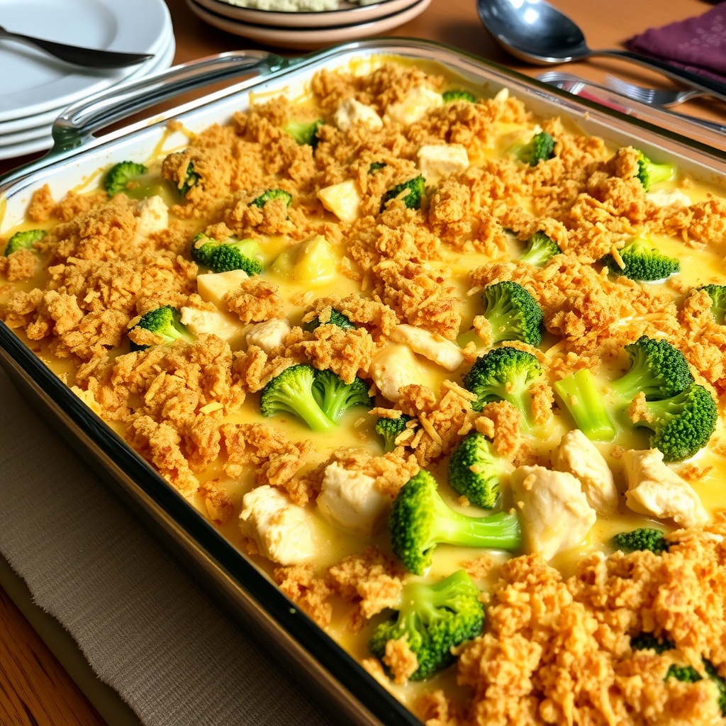 Creamy chicken broccoli casserole in a dish, topped with breadcrumbs and cheese, ready to serve.